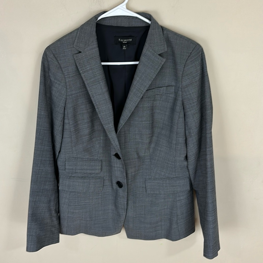 Talbots Petites Gray Woven Lightweight Wool Blend Tweed Blazer Size 10P
